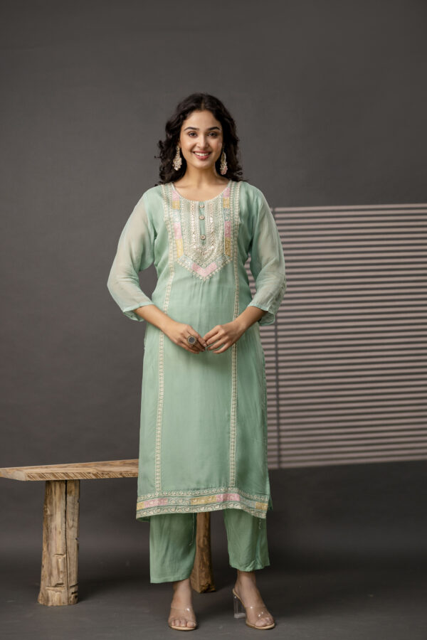 Resham Worked Kurti with Round Neck, Thread Worked Dupatta & Plain Pants