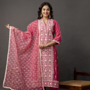 Resham & Sequined Embellished Kurti with Plain Trouser & Dupatta