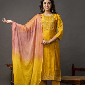 Resham & Sequined Work Kurti with Double-Shaded Chiffon Dupatta & Plain Trouser