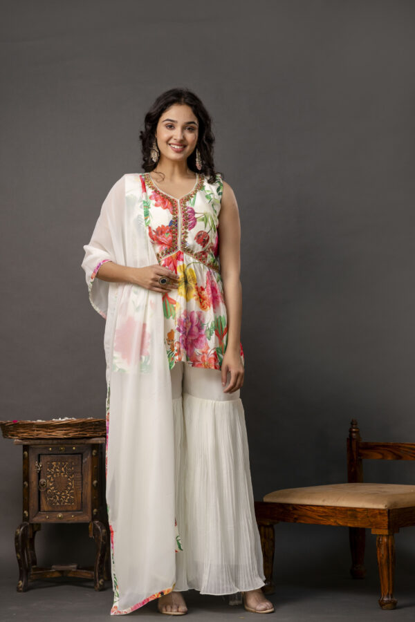 Printed Peplum Kurti with Plain Sharara & Georgette Dupatta - Image 3