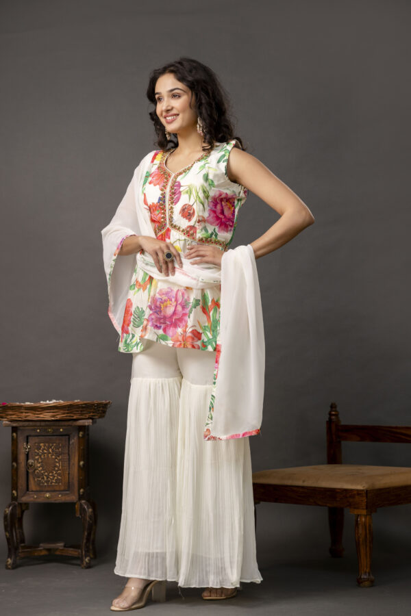 Printed Peplum Kurti with Plain Sharara & Georgette Dupatta - Image 5