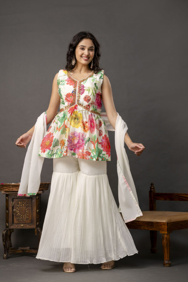 Printed Peplum Kurti with Plain Sharara & Georgette Dupatta - Image 6