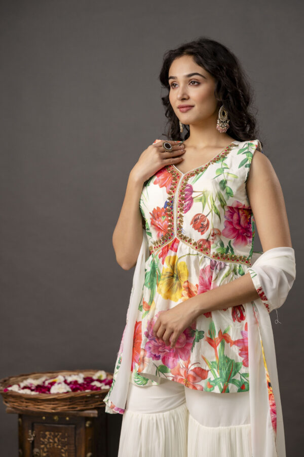 Printed Peplum Kurti with Plain Sharara & Georgette Dupatta - Image 8