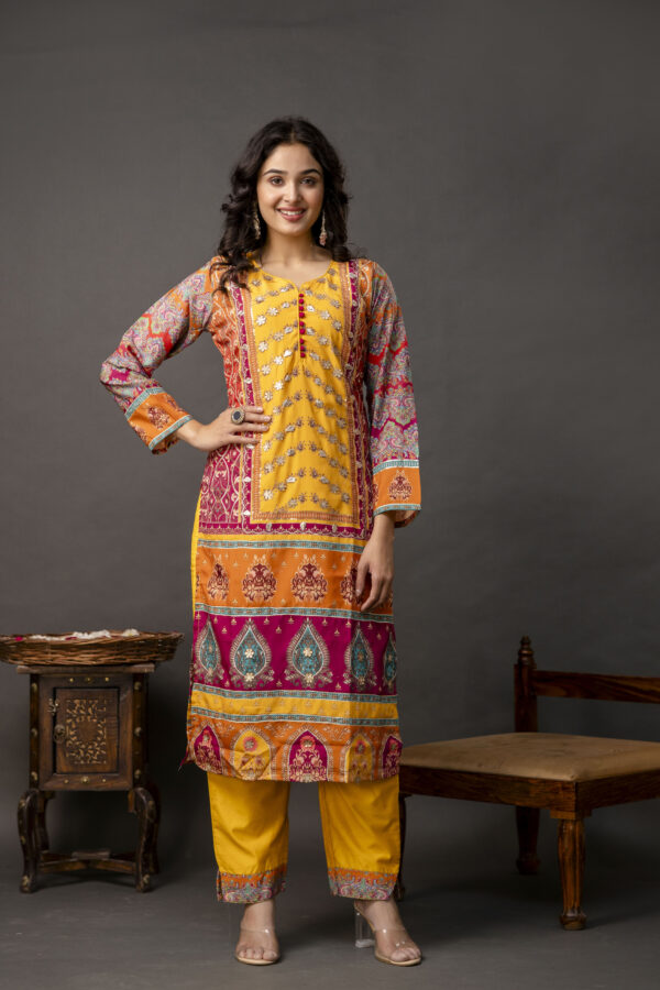 Printed Kurti with Gotta Patti Work, Chinnon Dupatta & Plain Trouser - Image 4