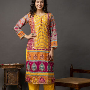 Printed Kurti with Gotta Patti Work, Chinnon Dupatta & Plain Trouser