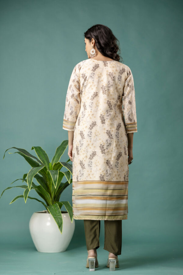 V-Neck Printed Kurti with Chicken Handwork, Silk Worked Dupatta & Plain Pants - Image 2