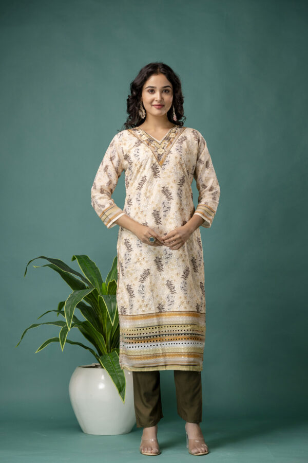 V-Neck Printed Kurti with Chicken Handwork, Silk Worked Dupatta & Plain Pants - Image 3