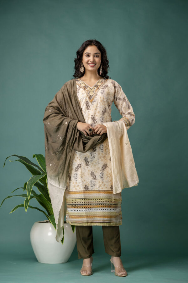 V-Neck Printed Kurti with Chicken Handwork, Silk Worked Dupatta & Plain Pants - Image 7