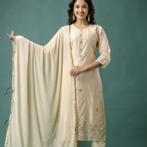 Gotta Patti & Mirror Embellished Kurti with Solid Dupatta & Plain Trousers