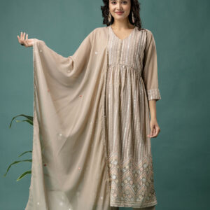 Resham & Sequence Embroidered Kurti with Plain Dupatta & Trousers