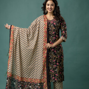 Printed Resham Work V-Neck Kurti with Printed Dupatta & Pants