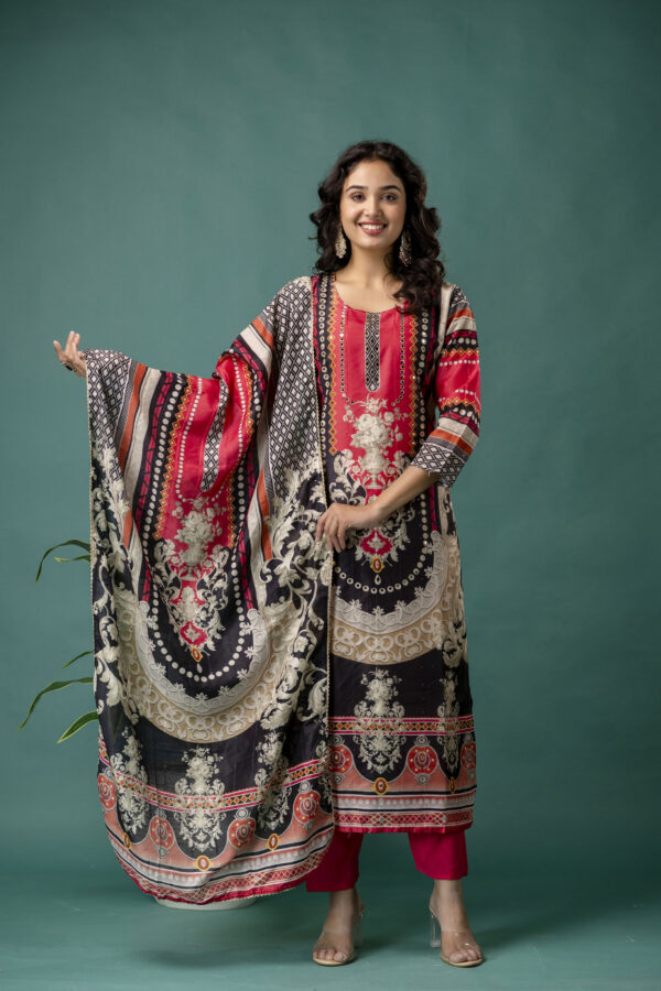 Printed Kurti with Mirror Work, Round Neck, Printed Dupatta & Plain Pants