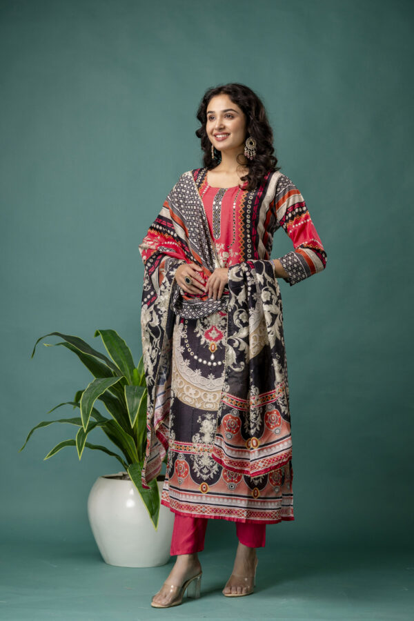 Printed Kurti with Mirror Work, Round Neck, Printed Dupatta & Plain Pants - Image 4