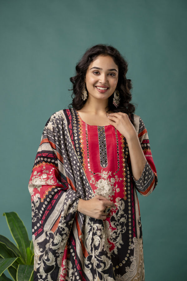 Printed Kurti with Mirror Work, Round Neck, Printed Dupatta & Plain Pants - Image 3