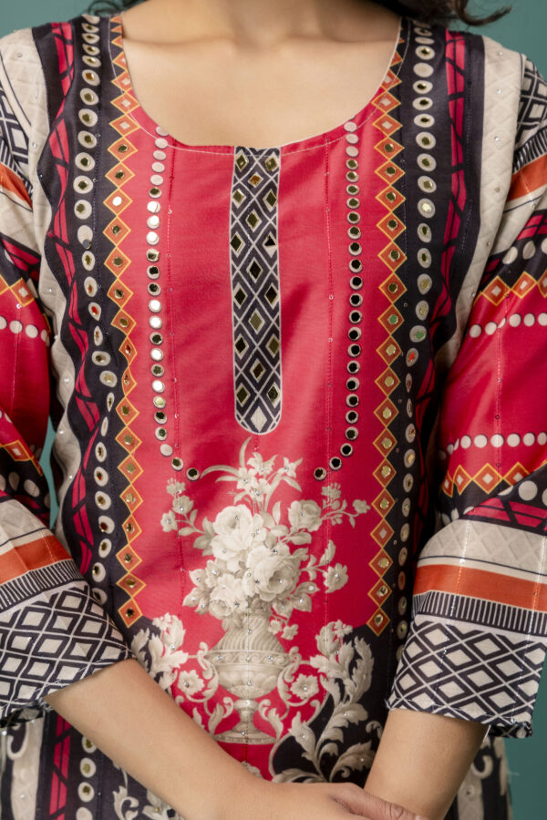 Printed Kurti with Mirror Work, Round Neck, Printed Dupatta & Plain Pants - Image 2