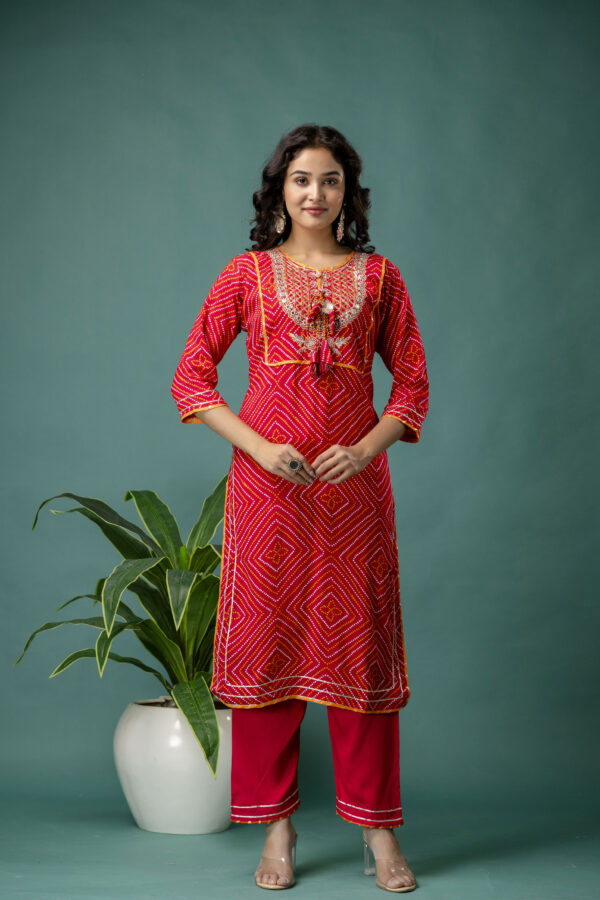 Jaipuri Printed Kurti with Gotta Patti Work, Round Neck, Plain Trouser & Double-Shaded Shiffon Dupatta - Image 7