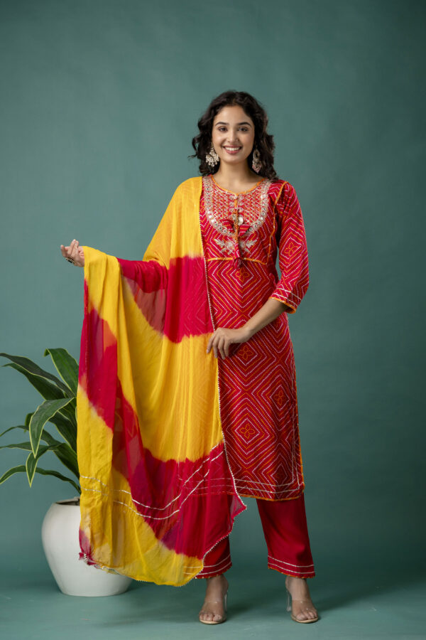 Jaipuri Printed Kurti with Gotta Patti Work, Round Neck, Plain Trouser & Double-Shaded Shiffon Dupatta - Image 6