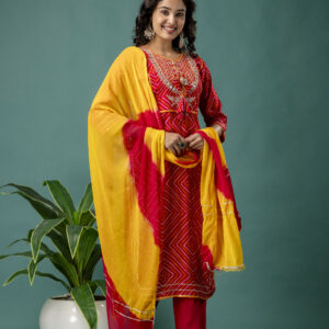 Jaipuri Printed Kurti with Gotta Patti Work, Round Neck, Plain Trouser & Double-Shaded Shiffon Dupatta
