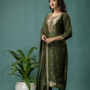 Banarasi Handworked Kurti with V-Neck, Shiffon Dupatta & Plain Trouser