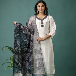 Kantha Worked V-Neck Kurti with Printed Organza Heavy Worked Dupatta & Plain Pant
