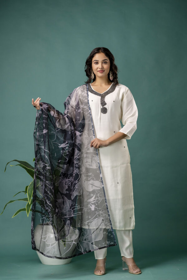Kantha Worked V-Neck Kurti with Printed Organza Heavy Worked Dupatta & Plain Pant