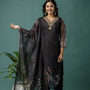 Printed V-Neck Kurti with Jari Work, Organza Printed Dupatta & Simple Pant