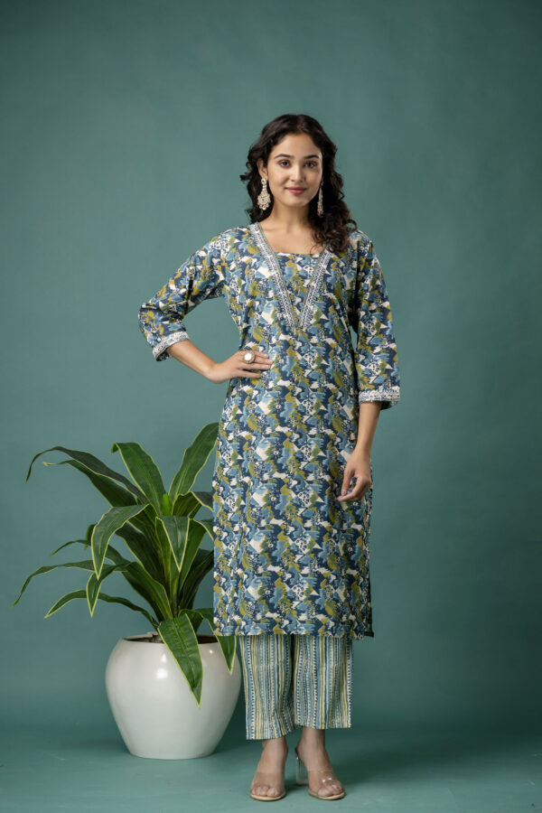 Printed V-Neck Kurti with Dori Work, Printed Dupatta & Printed Trouser - Image 8