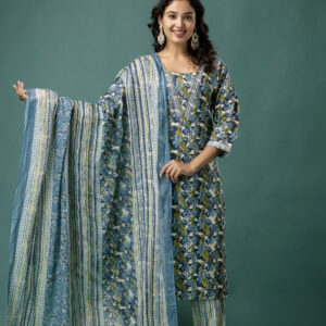 Printed V-Neck Kurti with Dori Work, Printed Dupatta & Printed Trouser