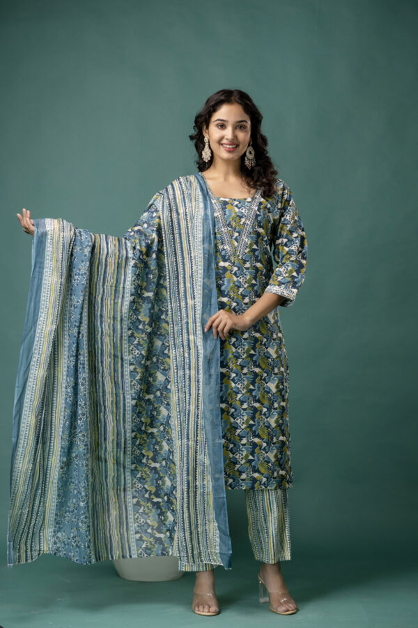 Printed V-Neck Kurti with Dori Work, Printed Dupatta & Printed Trouser