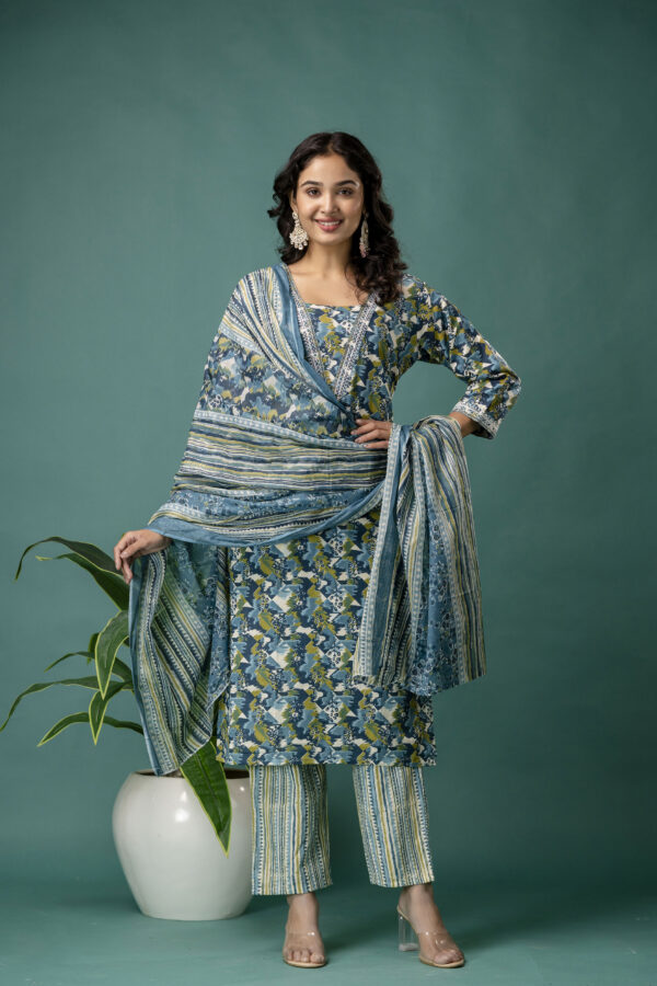 Printed V-Neck Kurti with Dori Work, Printed Dupatta & Printed Trouser - Image 6