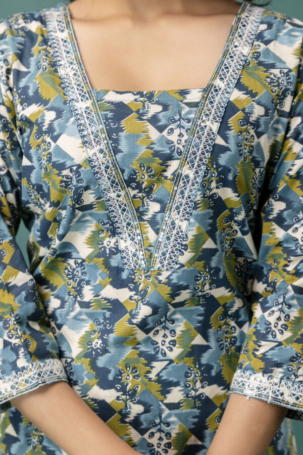 Printed V-Neck Kurti with Dori Work, Printed Dupatta & Printed Trouser - Image 2