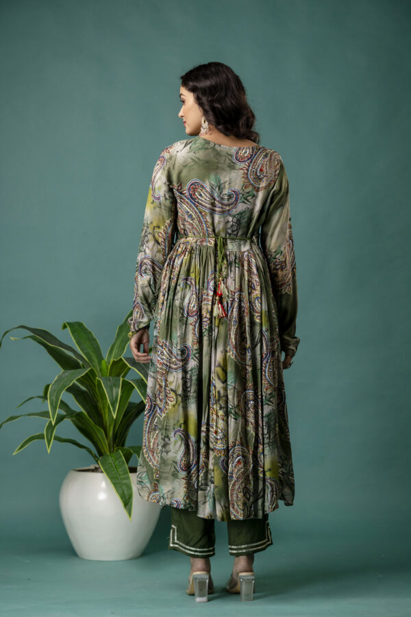 Printed V-Neck Kurti with Sequined & Mirror Work, Shaded Organza Dupatta & Plain Trouser - Image 2