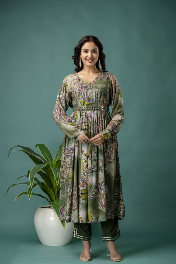 Printed V-Neck Kurti with Sequined & Mirror Work, Shaded Organza Dupatta & Plain Trouser - Image 8