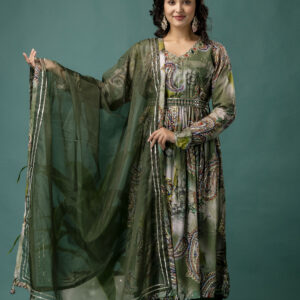 Printed V-Neck Kurti with Sequined & Mirror Work, Shaded Organza Dupatta & Plain Trouser