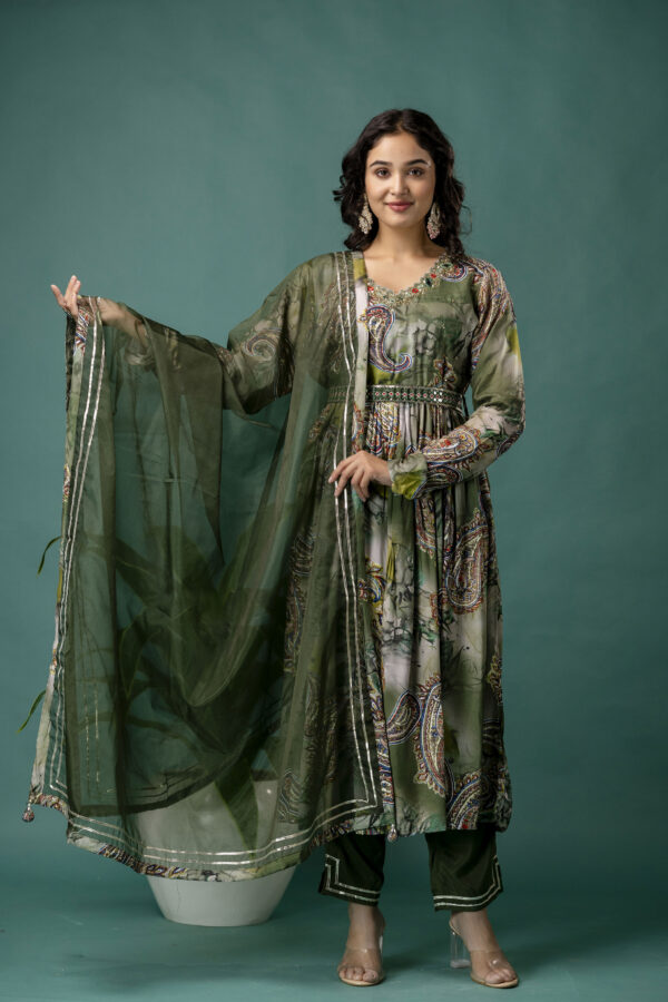 Printed V-Neck Kurti with Sequined & Mirror Work, Shaded Organza Dupatta & Plain Trouser