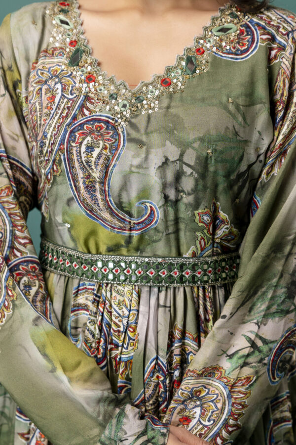 Printed V-Neck Kurti with Sequined & Mirror Work, Shaded Organza Dupatta & Plain Trouser - Image 3
