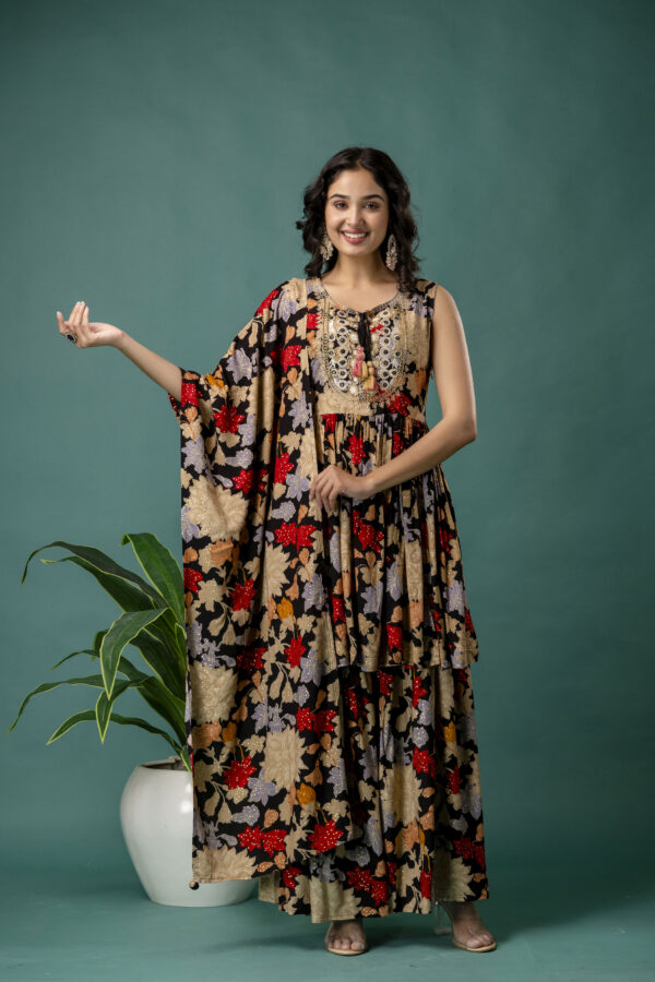 Printed Round Neck Kurti with Resham Work, Printed Dupatta & Printed Trouser - Image 3