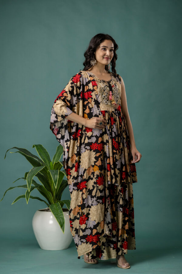 Printed Round Neck Kurti with Resham Work, Printed Dupatta & Printed Trouser - Image 2