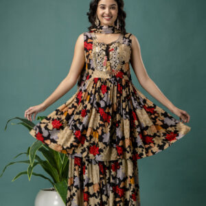 Printed Round Neck Kurti with Resham Work, Printed Dupatta & Printed Trouser