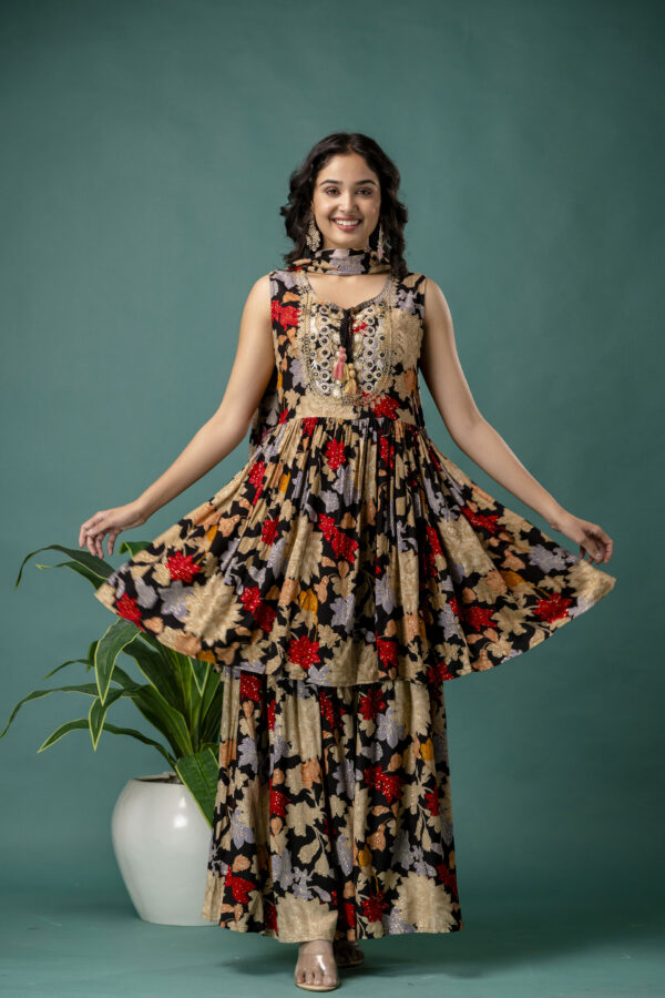 Printed Round Neck Kurti with Resham Work, Printed Dupatta & Printed Trouser
