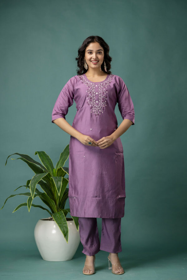 Embroidered Round Neck Kurti with Pure Silk Dupatta & Simple Trousers - Image 8