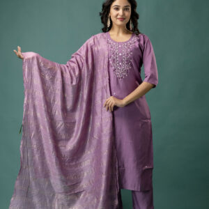Embroidered Round Neck Kurti with Pure Silk Dupatta & Simple Trousers