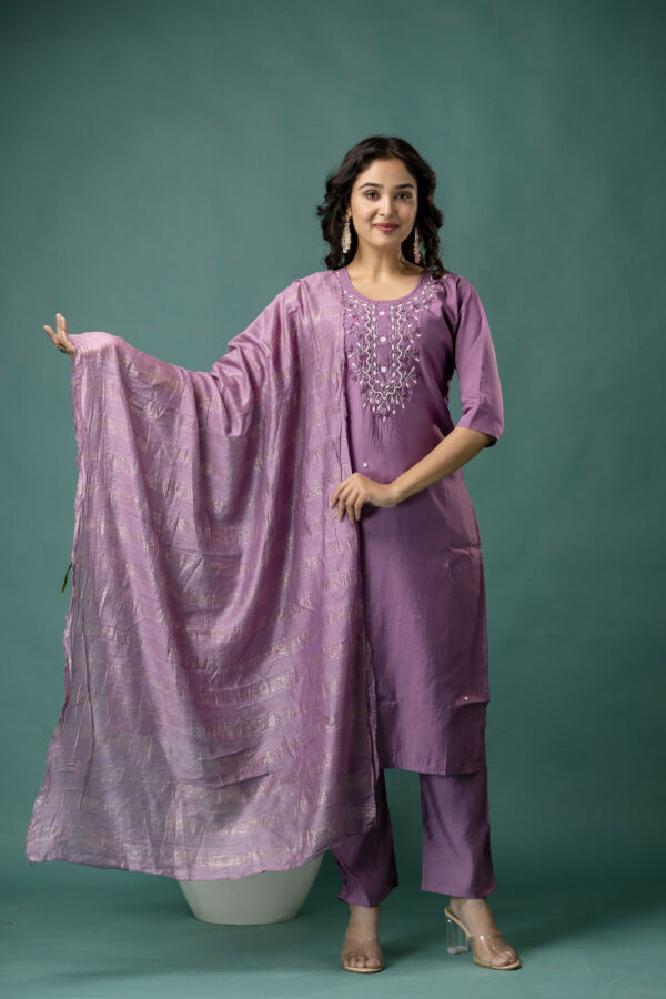 Embroidered Round Neck Kurti with Pure Silk Dupatta & Simple Trousers