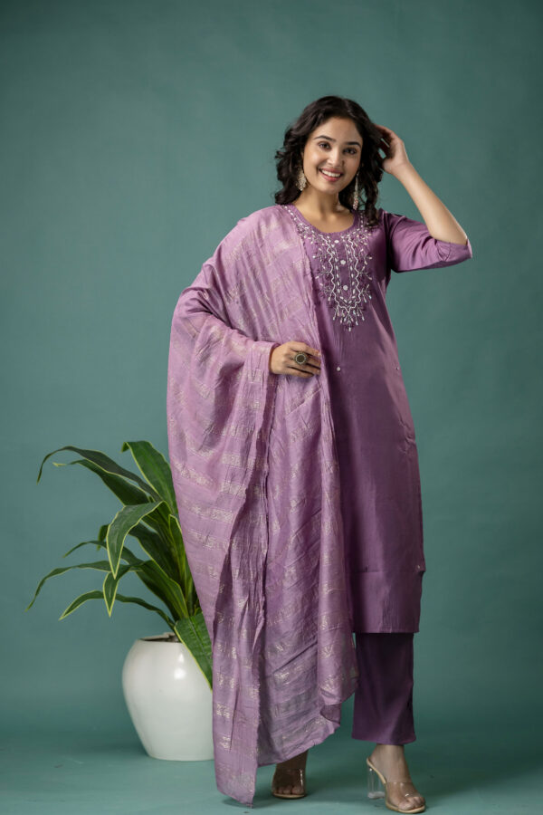 Embroidered Round Neck Kurti with Pure Silk Dupatta & Simple Trousers - Image 7