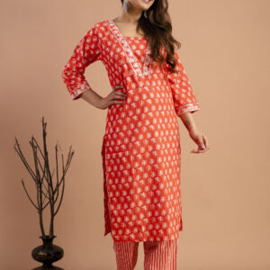 "Printed Kurti with Resham Work V-Neck, Printed Dupatta & Matching Printed Pants"