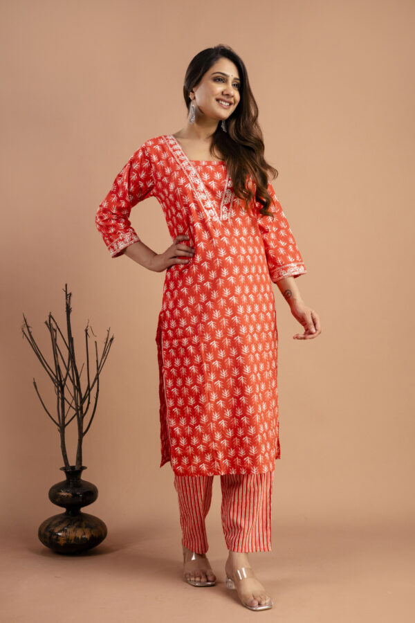 "Printed Kurti with Resham Work V-Neck, Printed Dupatta & Matching Printed Pants"