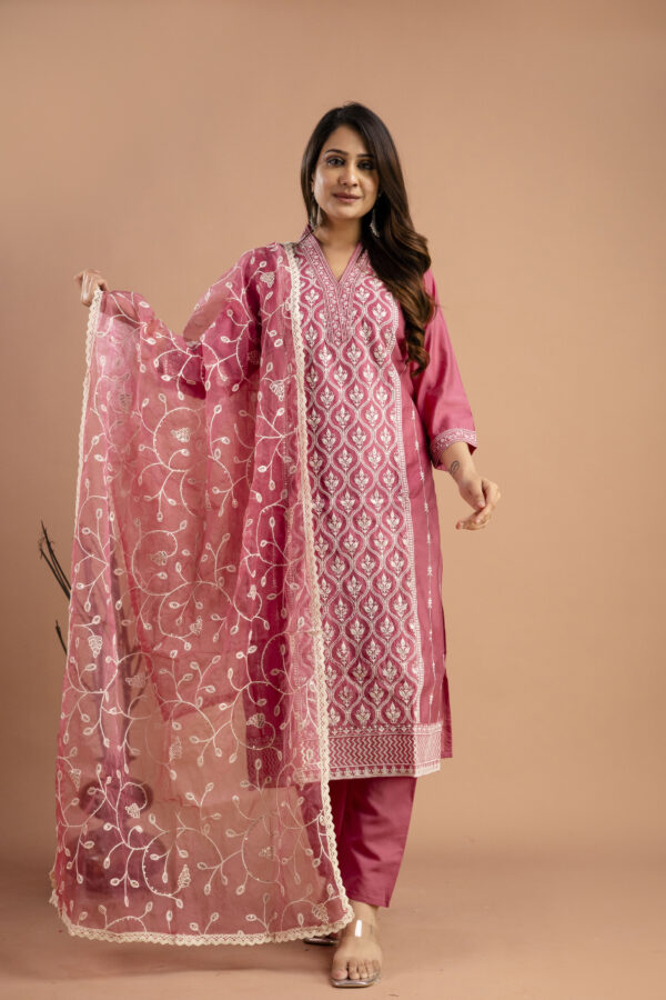 "Full Embroidered Lucknavi Kurti with V-Neck, Organza Lucknavi Dupatta & Plain Trouser" - Image 4