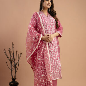 "Full Embroidered Lucknavi Kurti with V-Neck, Organza Lucknavi Dupatta & Plain Trouser"