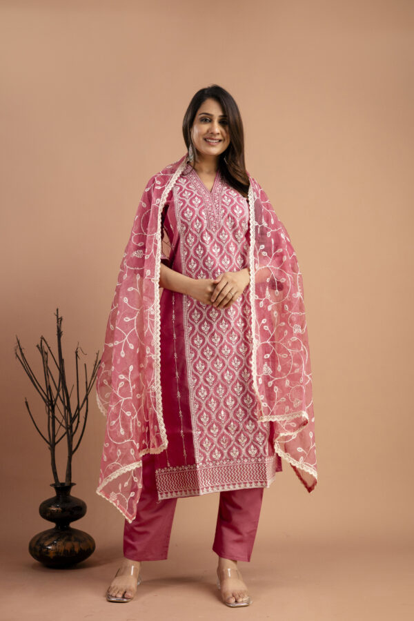 "Full Embroidered Lucknavi Kurti with V-Neck, Organza Lucknavi Dupatta & Plain Trouser" - Image 6
