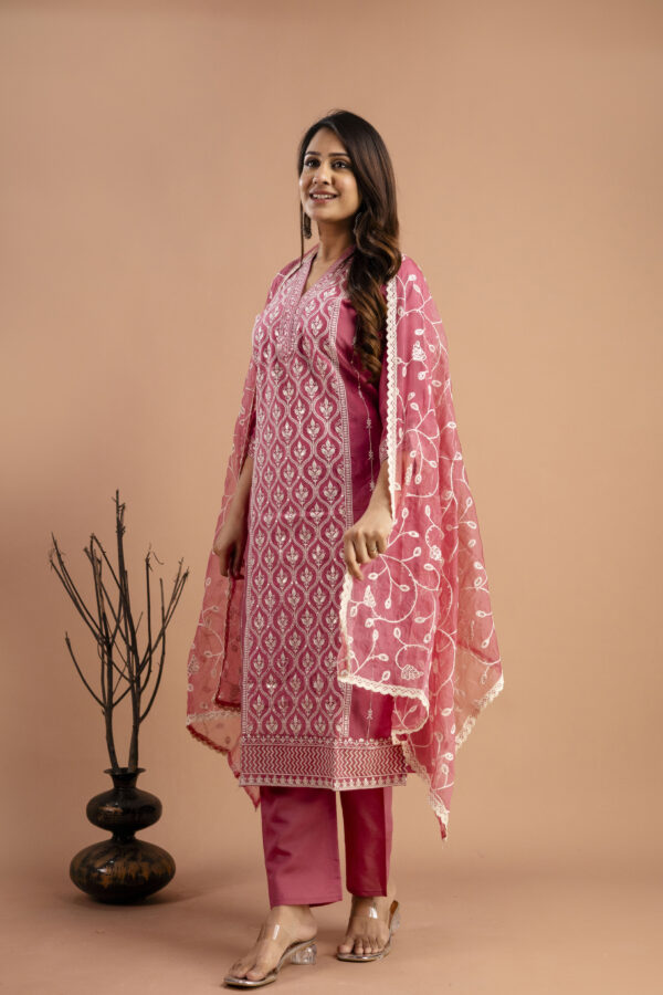 "Full Embroidered Lucknavi Kurti with V-Neck, Organza Lucknavi Dupatta & Plain Trouser" - Image 7